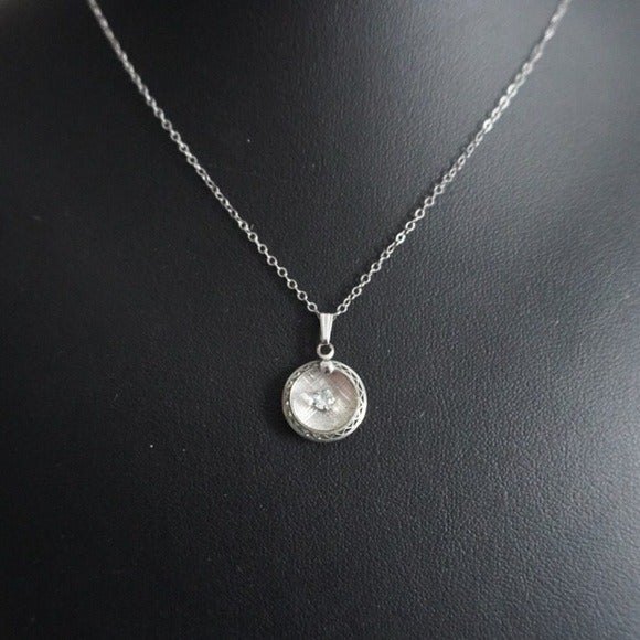 Small Round Pendant Necklace with Center Rhinestone Silver Tone - Picture 3 of 6